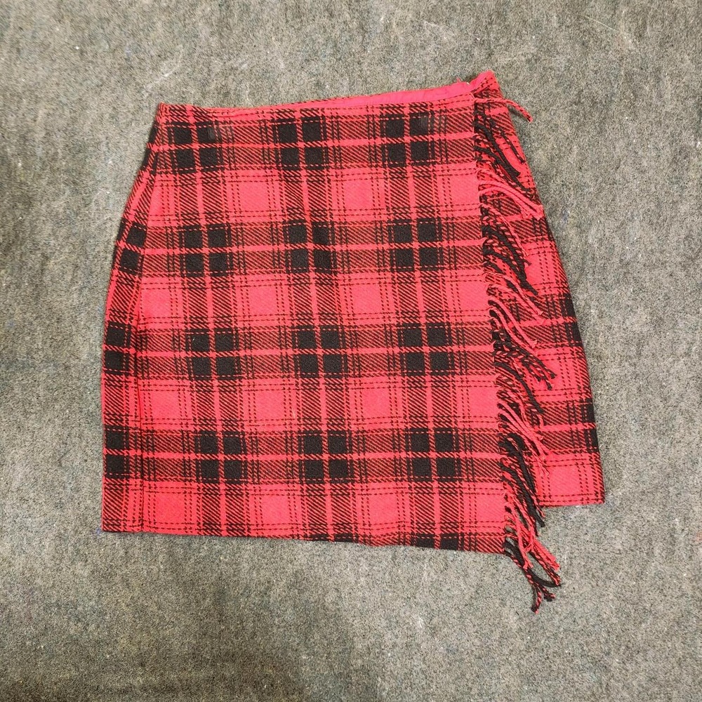 LOFT Red Black Plaid Fringe Mini Skirt Wool Blend Size 0